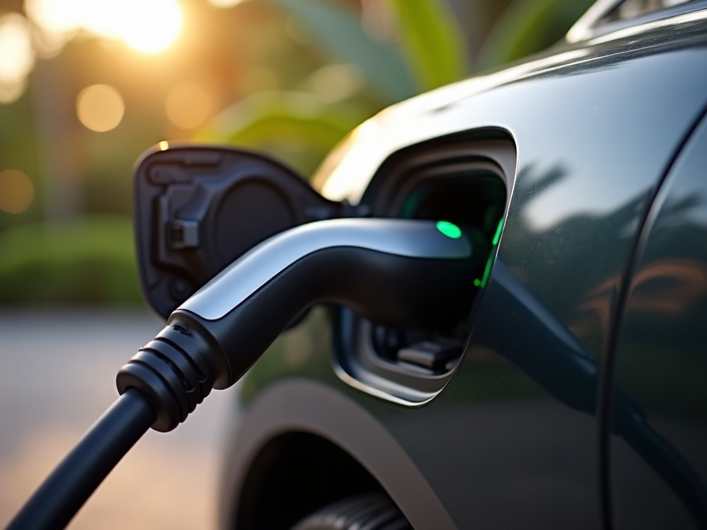 EV charging cable connected to an electric rental car in Bali