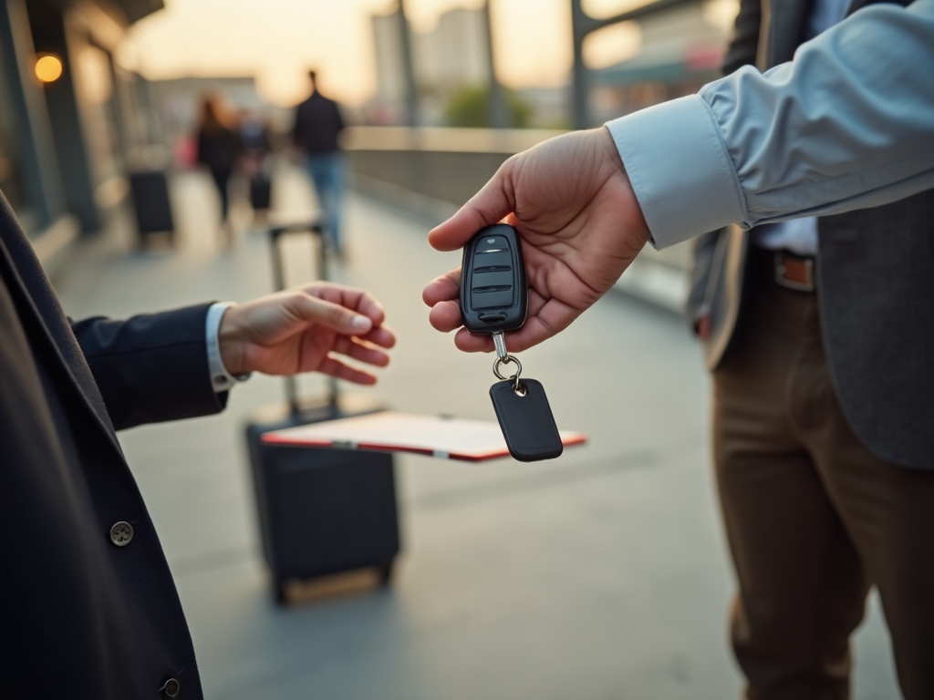 Key handover moment for an airport EV rental delivery