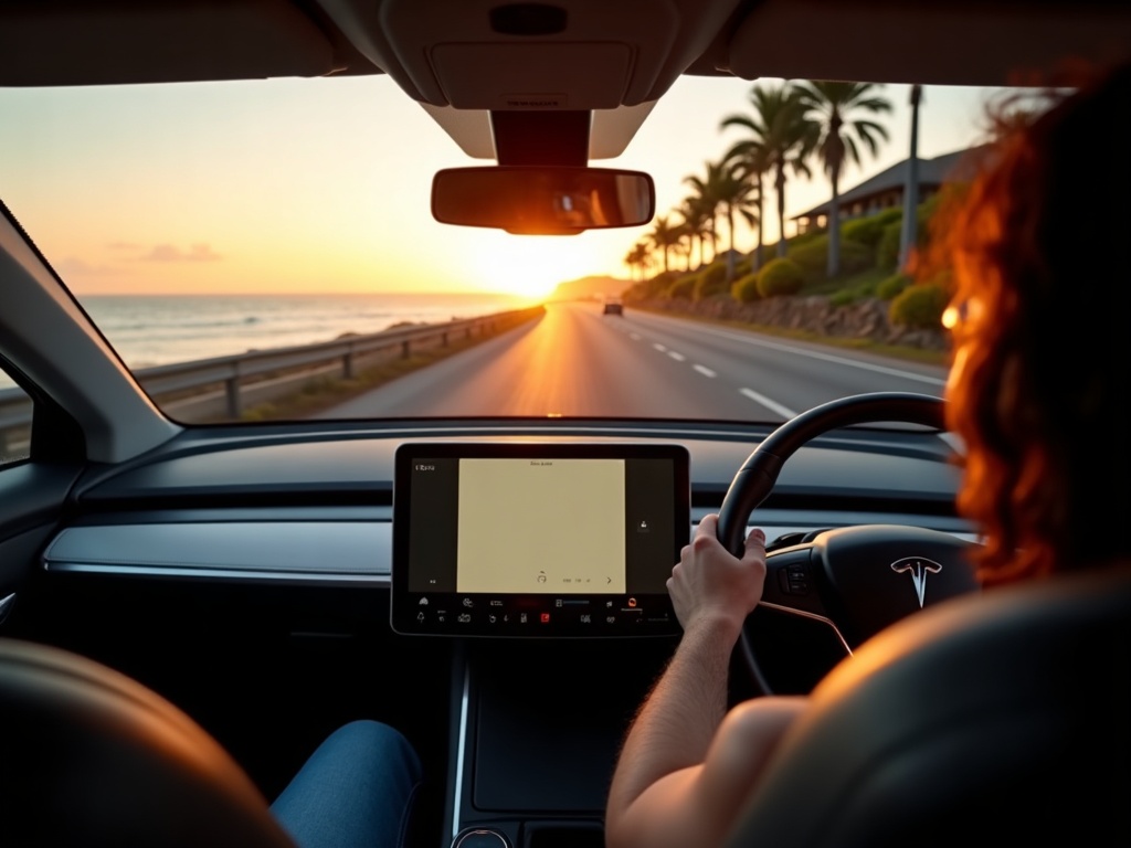 Driving an electric rental car along a Bali coastal road after airport pickup