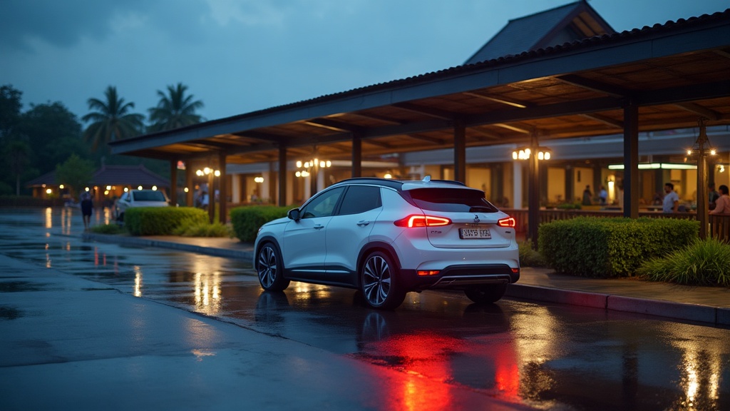 Electric rental car waiting at the Bali airport arrivals curbside at dusk